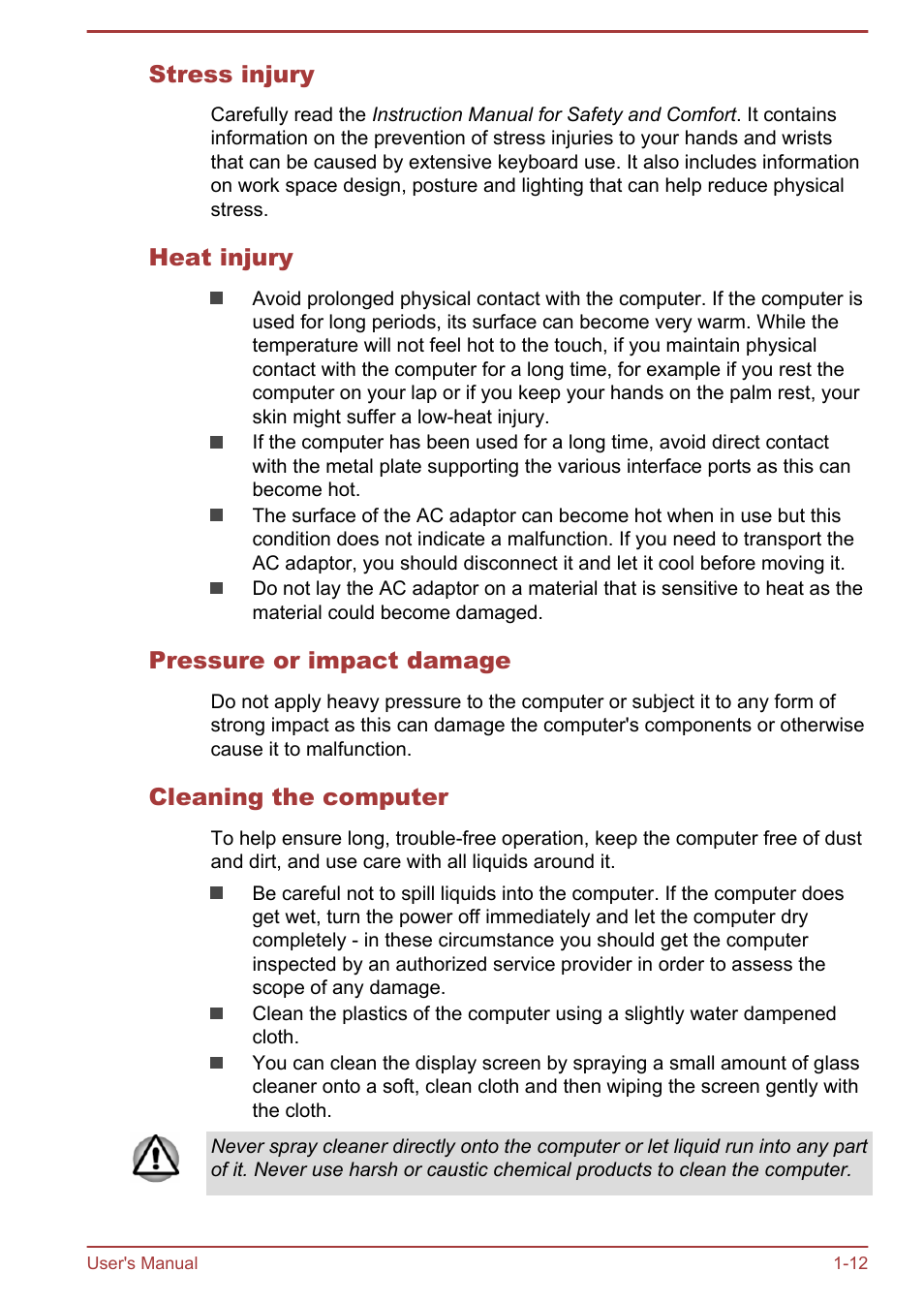 Stress injury, Heat injury, Pressure or impact damage | Cleaning the computer | Toshiba Satellite Pro R50-B User Manual | Page 15 / 128