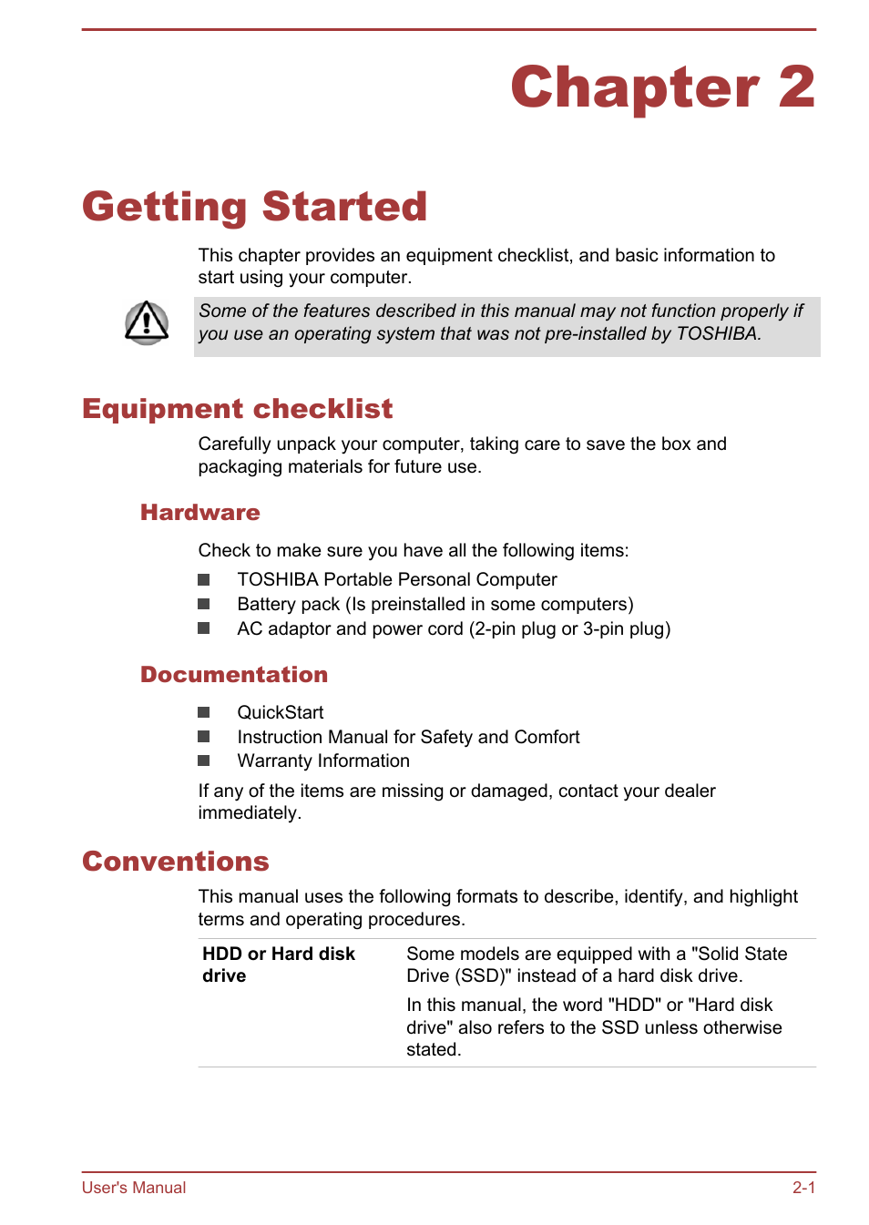 Chapter 2 getting started, Equipment checklist, Hardware | Documentation, Conventions, Chapter 2, Getting started, Equipment checklist -1 conventions -1 | Toshiba Satellite Pro R50-B User Manual | Page 18 / 128