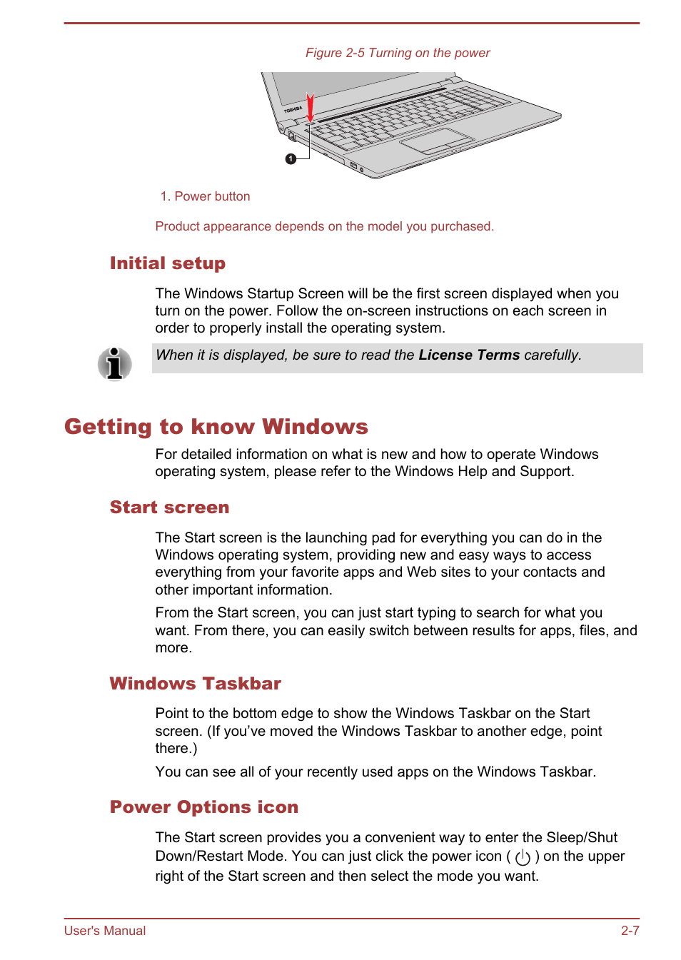 Initial setup, Getting to know windows, Start screen | Windows taskbar, Power options icon, Getting to know windows -7 | Toshiba Satellite Pro R50-B User Manual | Page 24 / 128