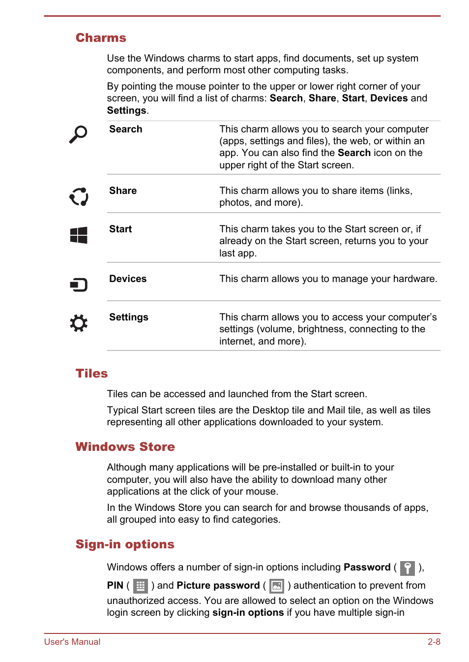 Charms, Tiles, Windows store | Sign-in options | Toshiba Satellite Pro R50-B User Manual | Page 25 / 128