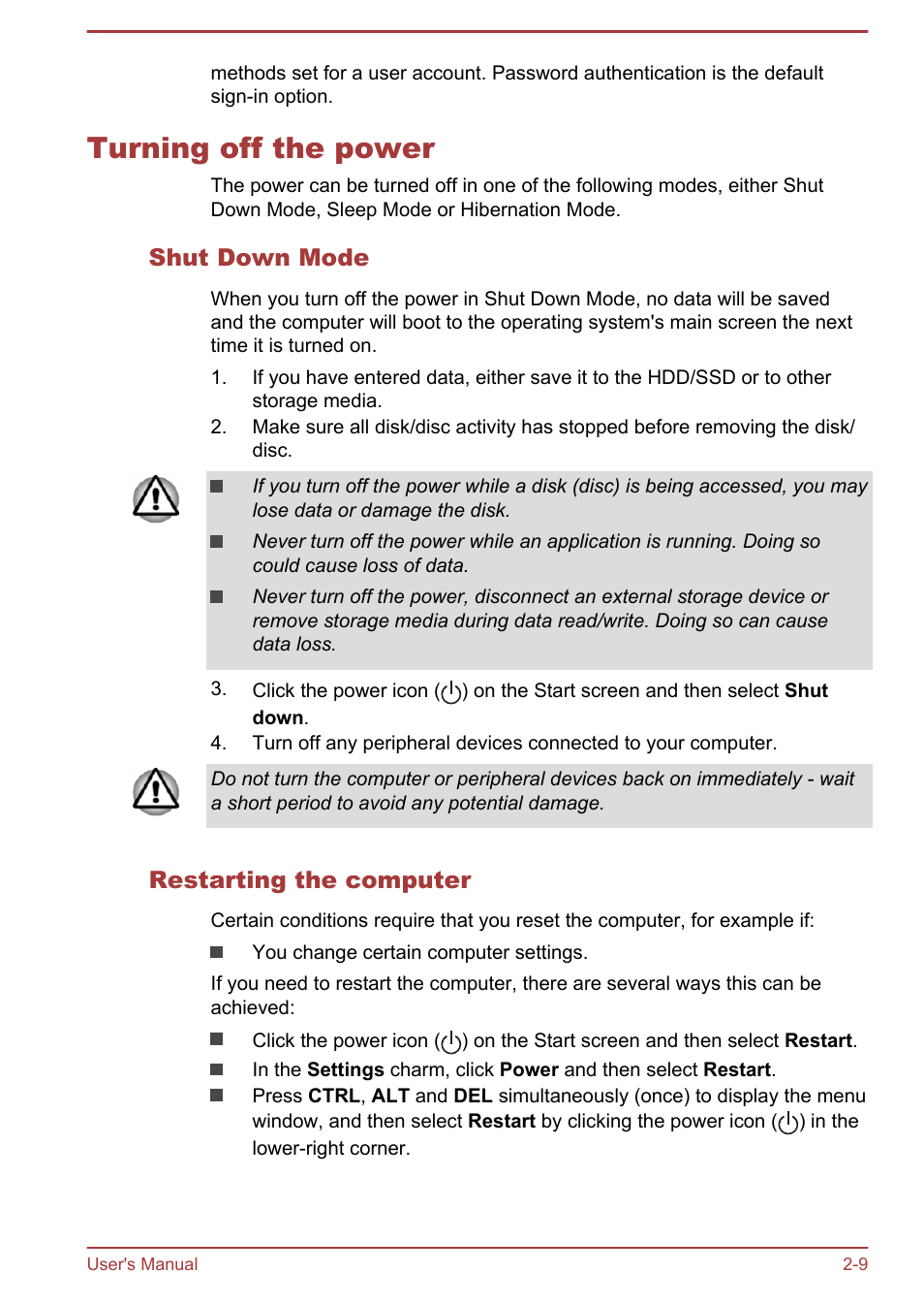 Turning off the power, Shut down mode, Restarting the computer | Turning off the power -9 | Toshiba Satellite Pro R50-B User Manual | Page 26 / 128
