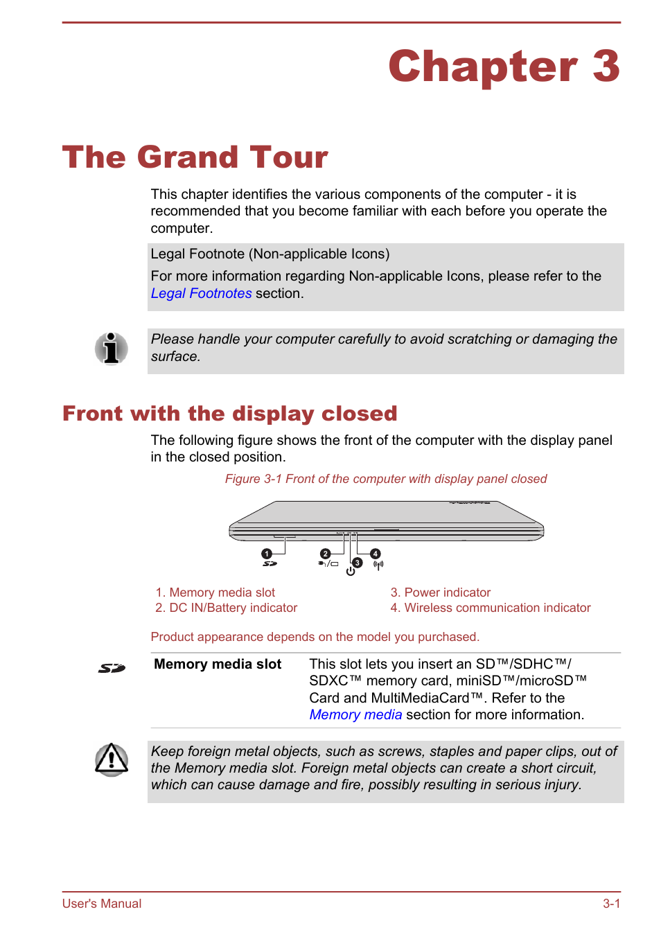 Chapter 3 the grand tour, Front with the display closed, Chapter 3 | The grand tour, Front with the display closed -1 | Toshiba Satellite Pro R50-B User Manual | Page 31 / 128