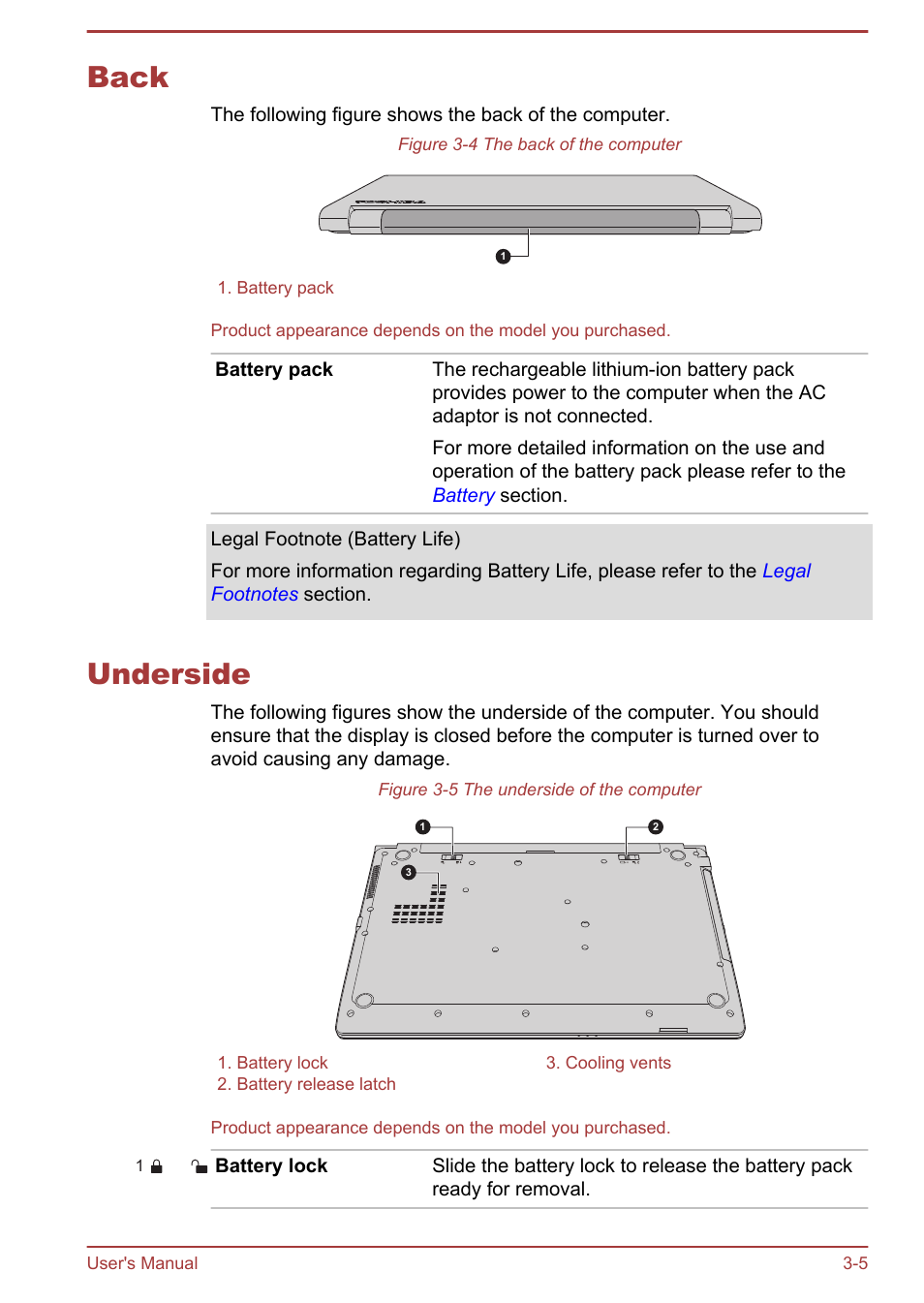 Back, Underside, Back -5 underside -5 | Toshiba Satellite Pro R50-B User Manual | Page 35 / 128