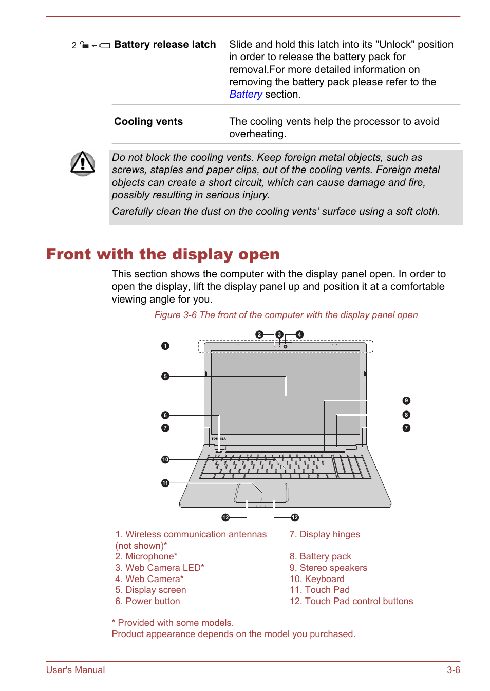 Front with the display open, Front with the display open -6 | Toshiba Satellite Pro R50-B User Manual | Page 36 / 128