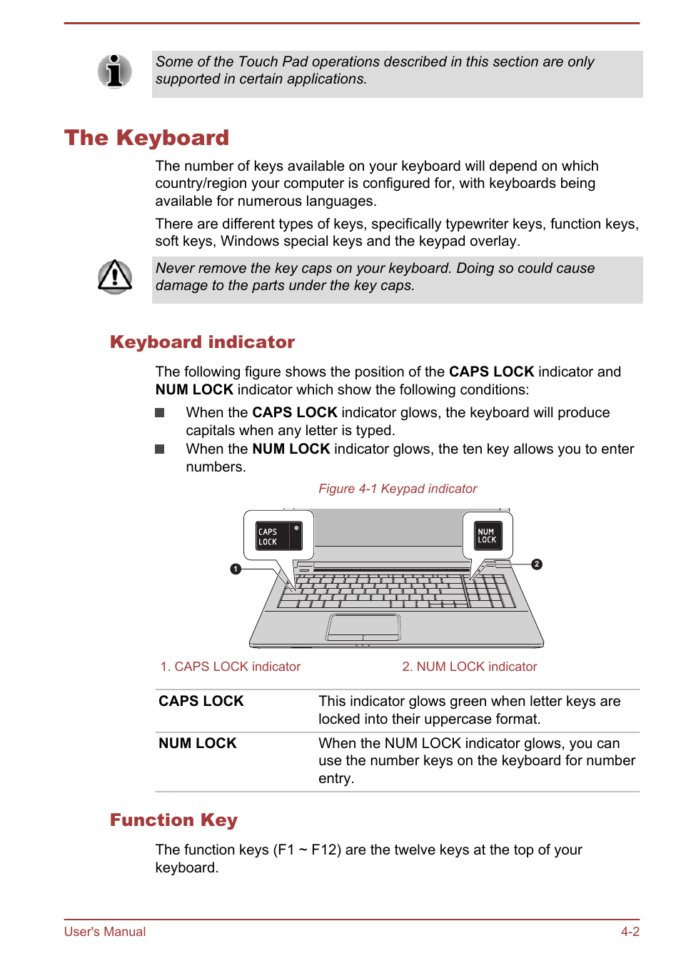 The keyboard, Keyboard indicator, Function key | The keyboard -2 | Toshiba Satellite Pro R50-B User Manual | Page 44 / 128
