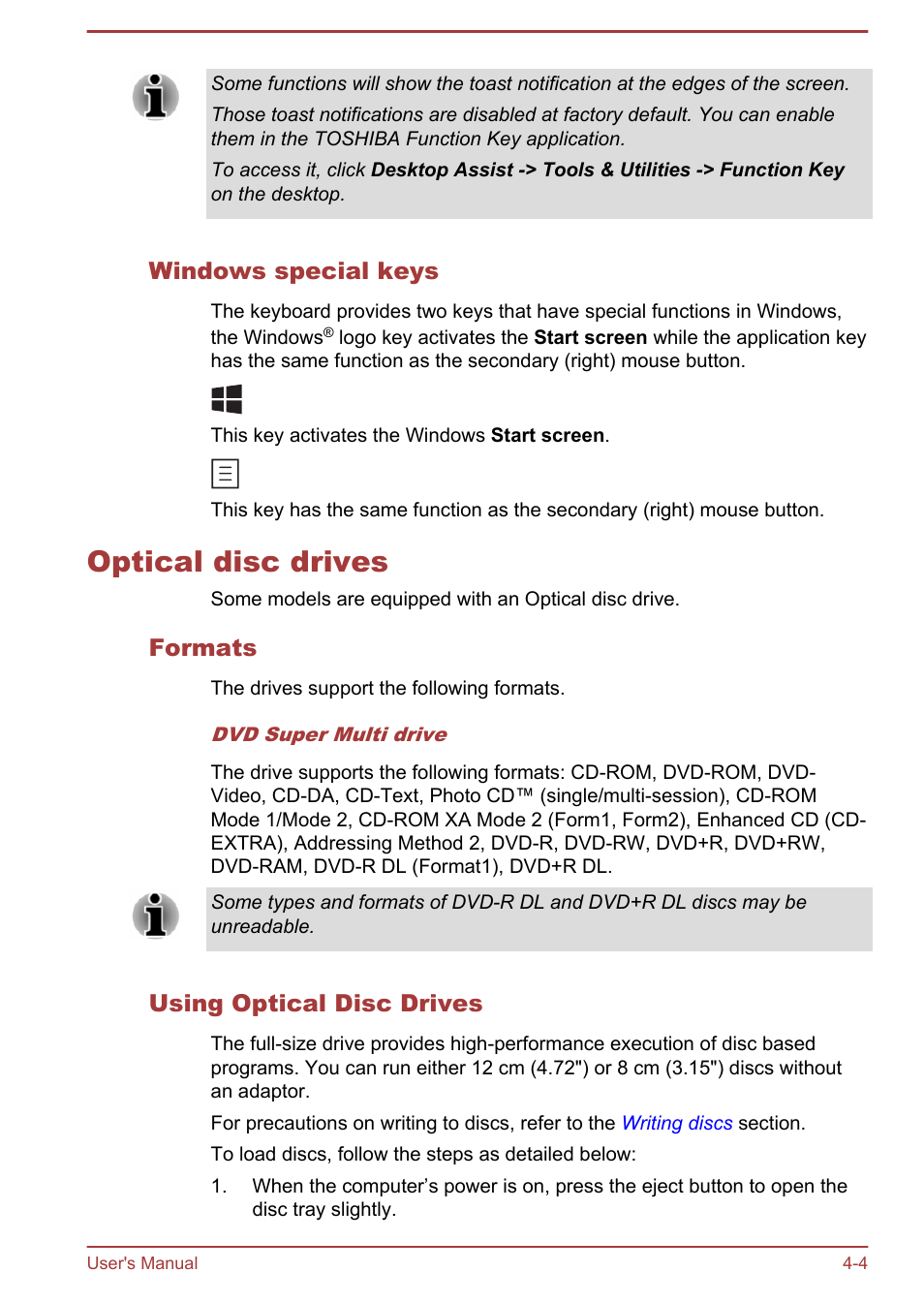 Windows special keys, Optical disc drives, Formats | Using optical disc drives, Optical disc drives -4 | Toshiba Satellite Pro R50-B User Manual | Page 46 / 128