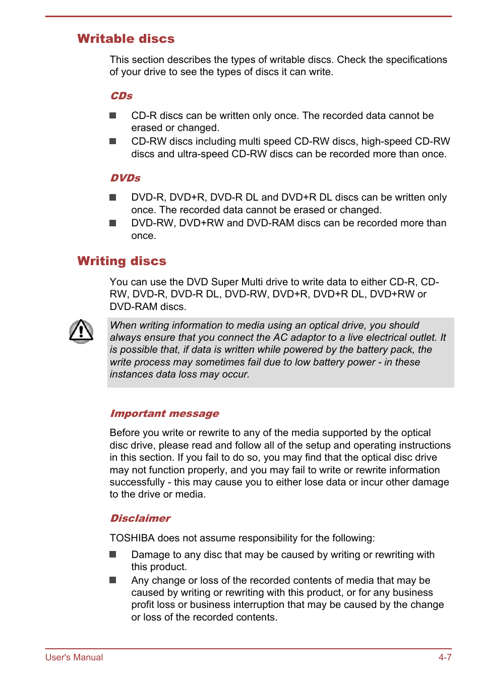 Writable discs, Writing discs | Toshiba Satellite Pro R50-B User Manual | Page 49 / 128