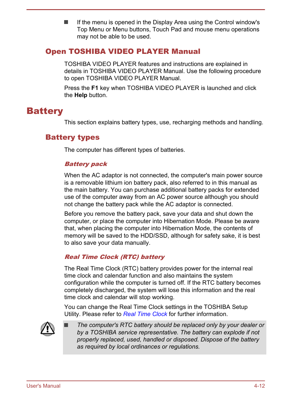 Open toshiba video player manual, Battery, Battery types | Battery -12 | Toshiba Satellite Pro R50-B User Manual | Page 54 / 128