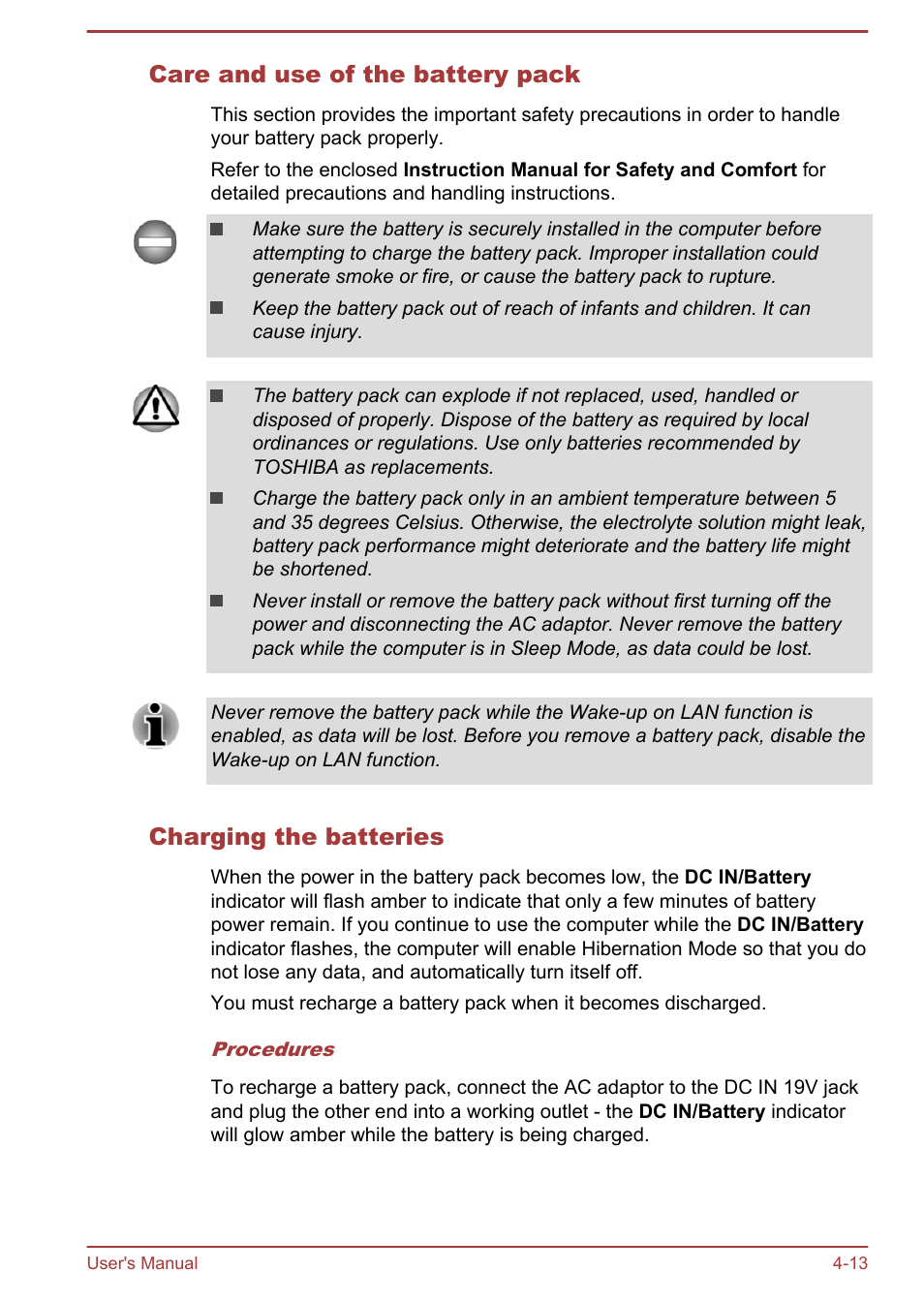 Care and use of the battery pack, Charging the batteries | Toshiba Satellite Pro R50-B User Manual | Page 55 / 128