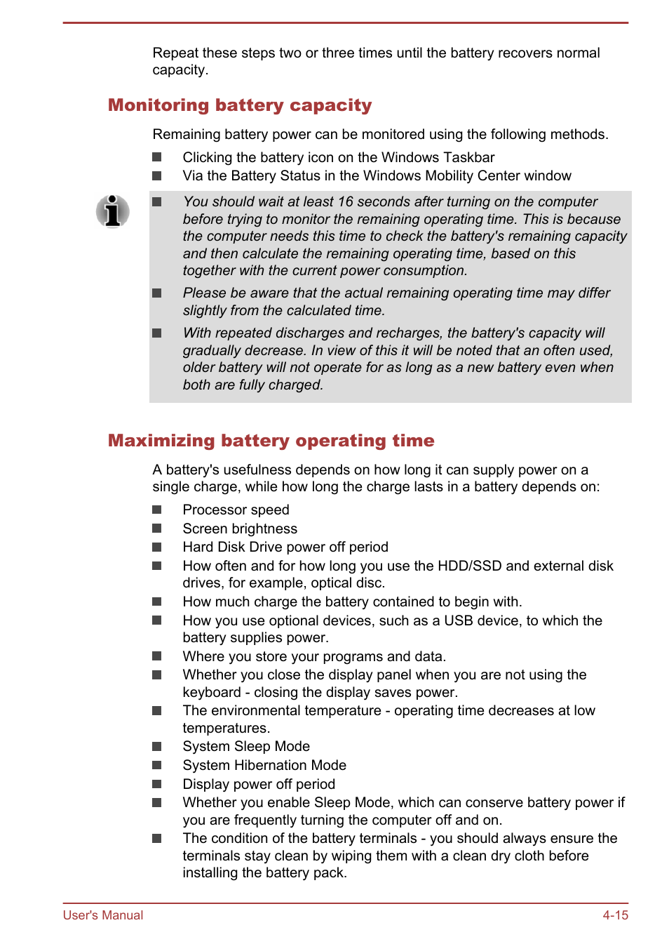 Monitoring battery capacity, Maximizing battery operating time | Toshiba Satellite Pro R50-B User Manual | Page 57 / 128