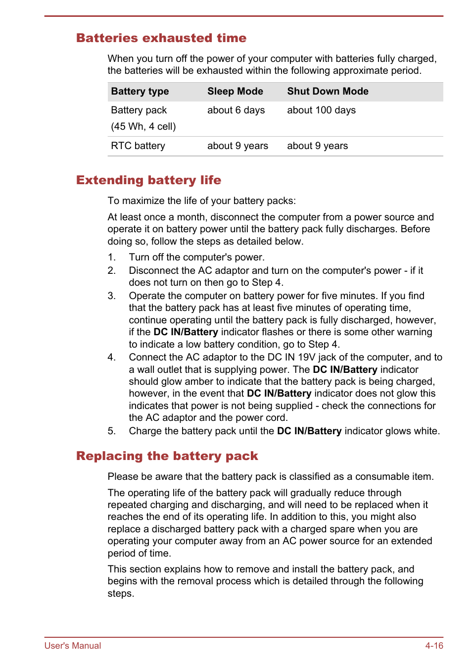 Batteries exhausted time, Extending battery life, Replacing the battery pack | Toshiba Satellite Pro R50-B User Manual | Page 58 / 128