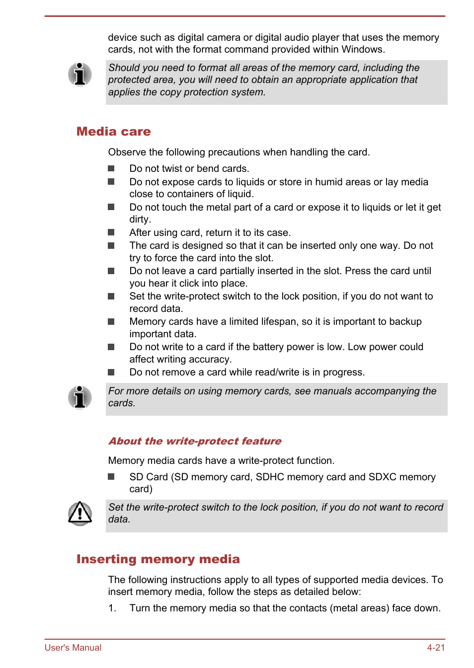 Media care, Inserting memory media | Toshiba Satellite Pro R50-B User Manual | Page 63 / 128