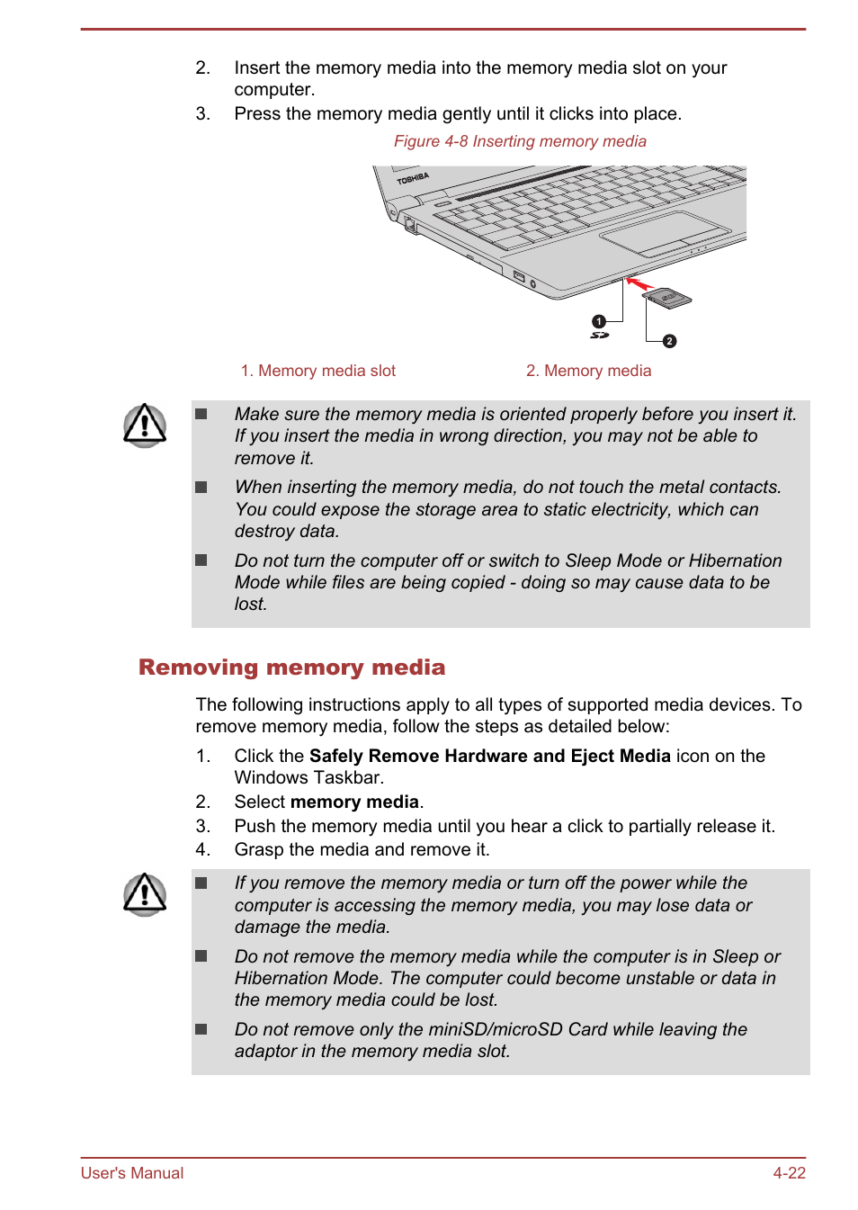 Removing memory media | Toshiba Satellite Pro R50-B User Manual | Page 64 / 128