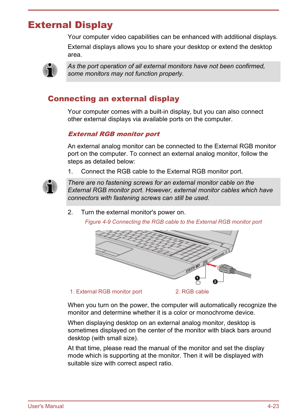 External display, Connecting an external display, External display -23 | Toshiba Satellite Pro R50-B User Manual | Page 65 / 128