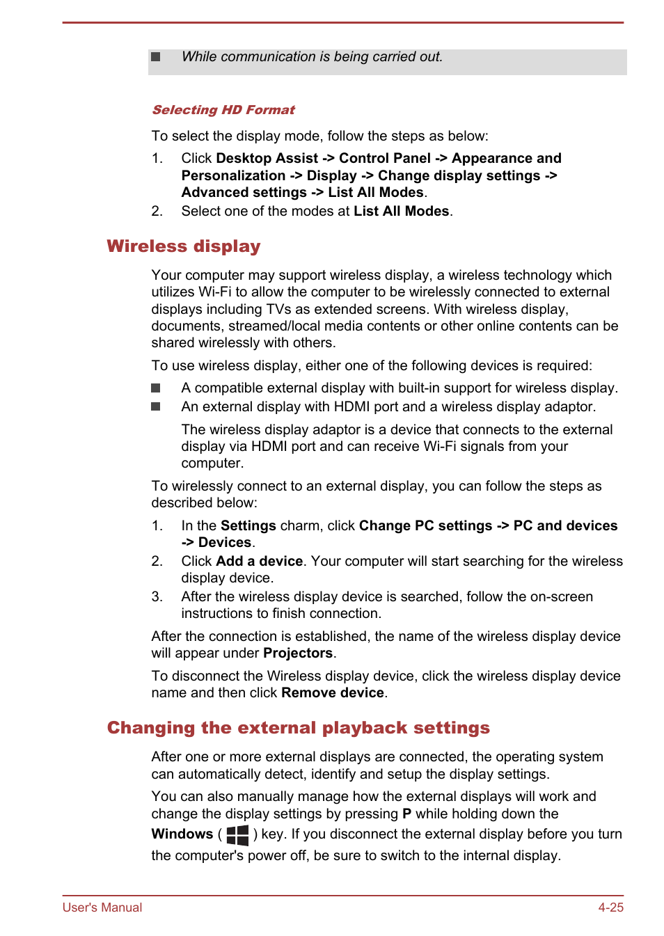 Wireless display, Changing the external playback settings | Toshiba Satellite Pro R50-B User Manual | Page 67 / 128