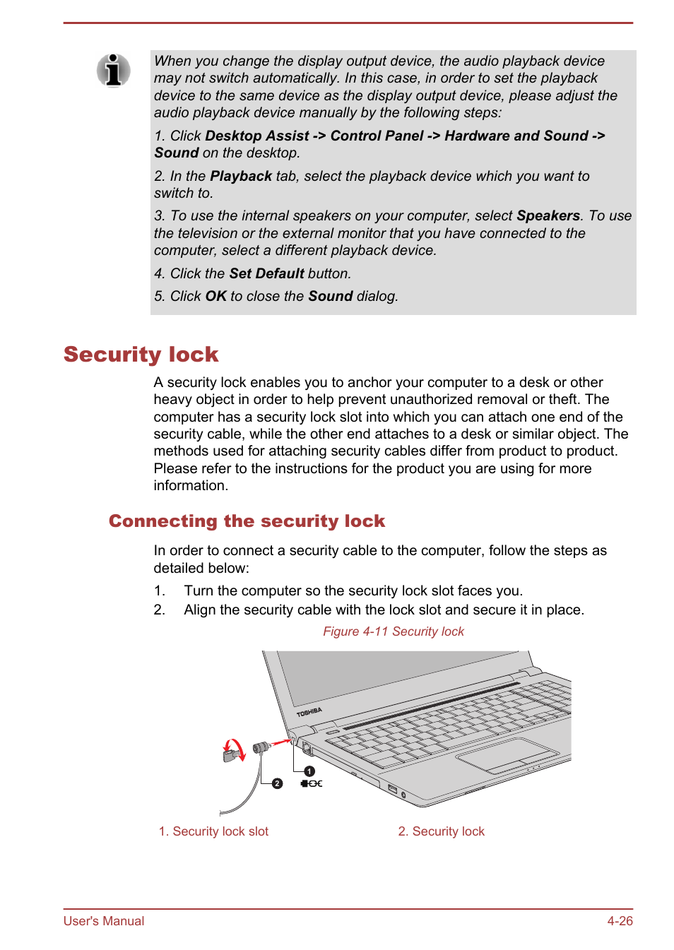 Security lock, Connecting the security lock, Security lock -26 | Toshiba Satellite Pro R50-B User Manual | Page 68 / 128