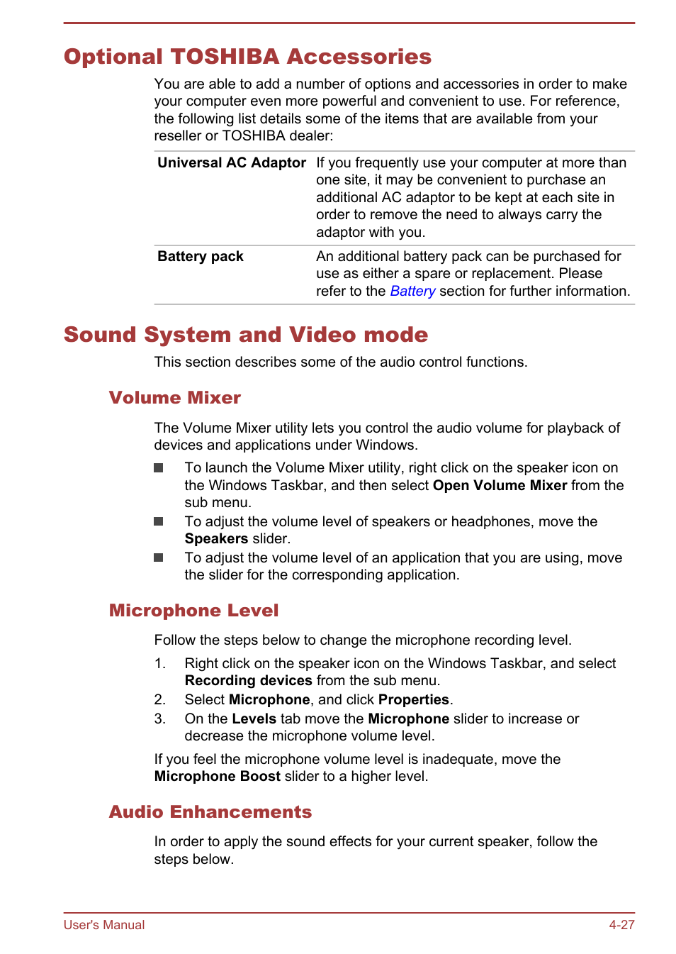 Optional toshiba accessories, Sound system and video mode, Volume mixer | Microphone level, Audio enhancements, Section for more | Toshiba Satellite Pro R50-B User Manual | Page 69 / 128