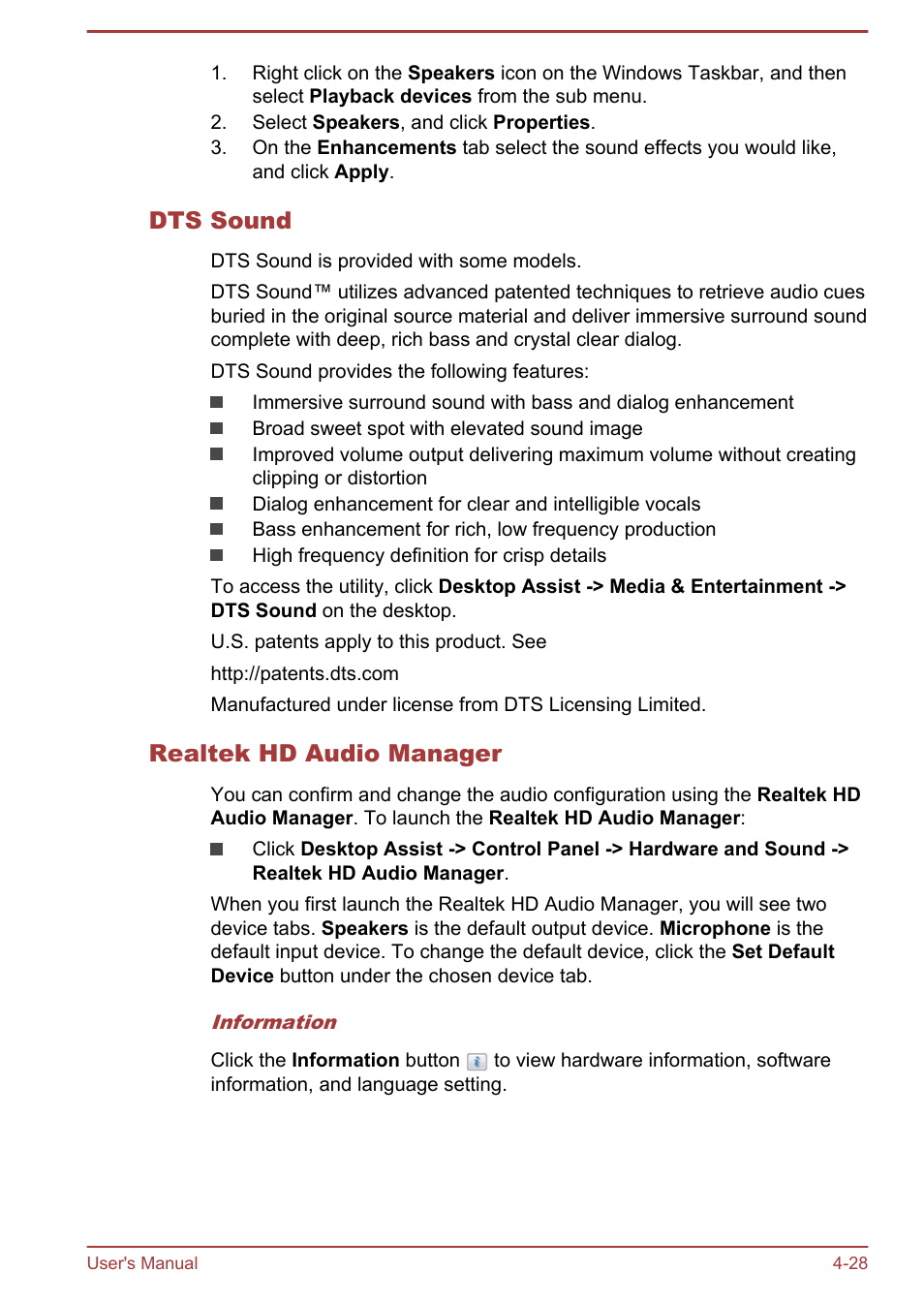 Dts sound, Realtek hd audio manager | Toshiba Satellite Pro R50-B User Manual | Page 70 / 128