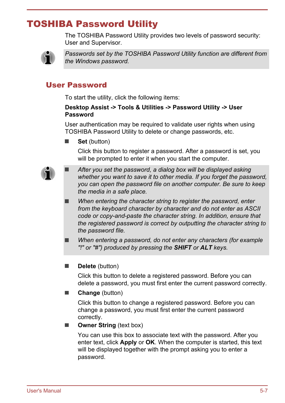 Toshiba password utility, User password, Toshiba password utility -7 | Toshiba Satellite Pro R50-B User Manual | Page 78 / 128