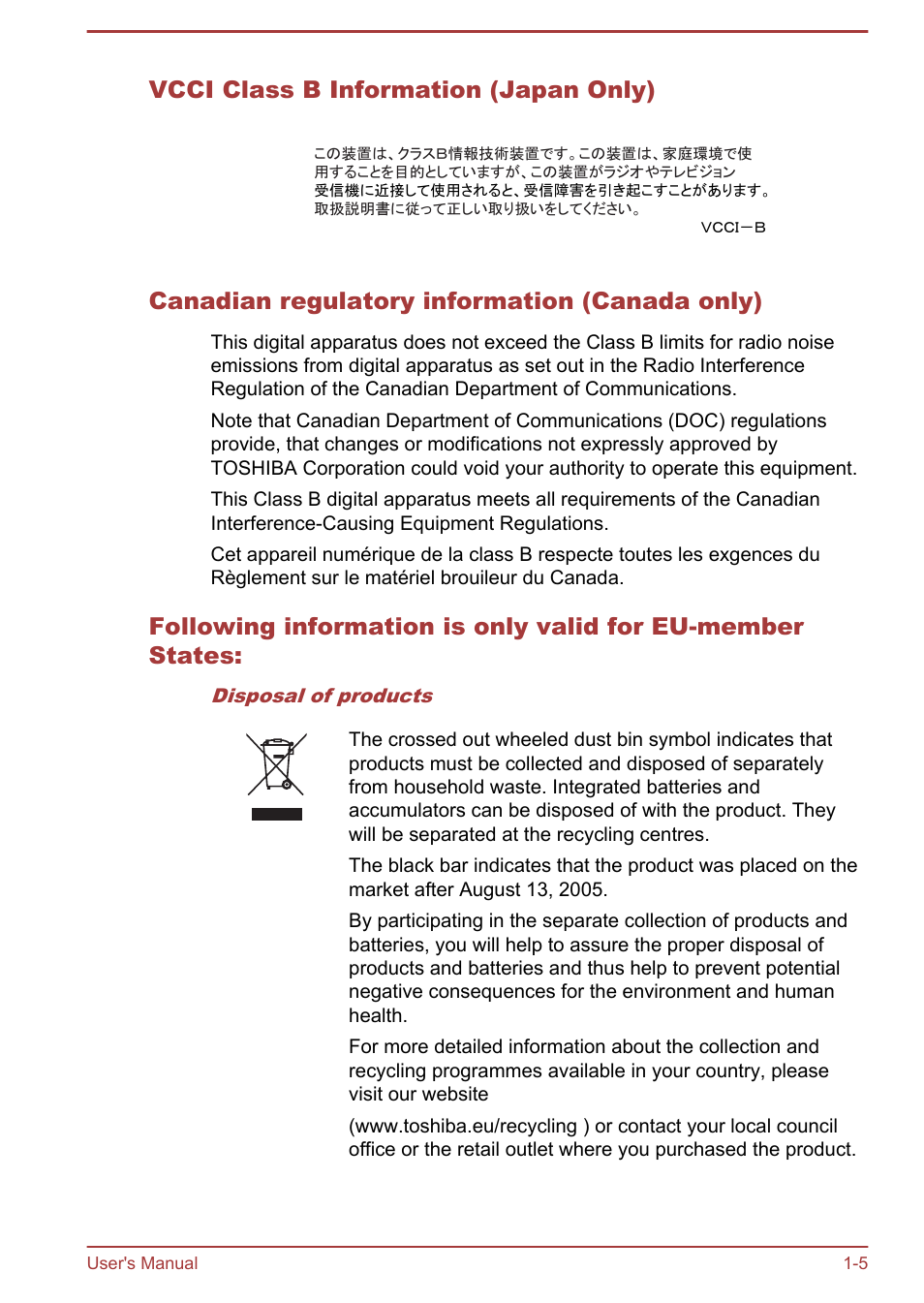 Vcci class b information (japan only), Canadian regulatory information (canada only) | Toshiba Satellite Pro R50-B User Manual | Page 8 / 128