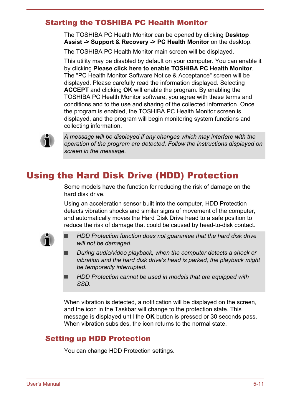Starting the toshiba pc health monitor, Using the hard disk drive (hdd) protection, Setting up hdd protection | Using the hard disk drive (hdd) protection -11 | Toshiba Satellite Pro R50-B User Manual | Page 82 / 128