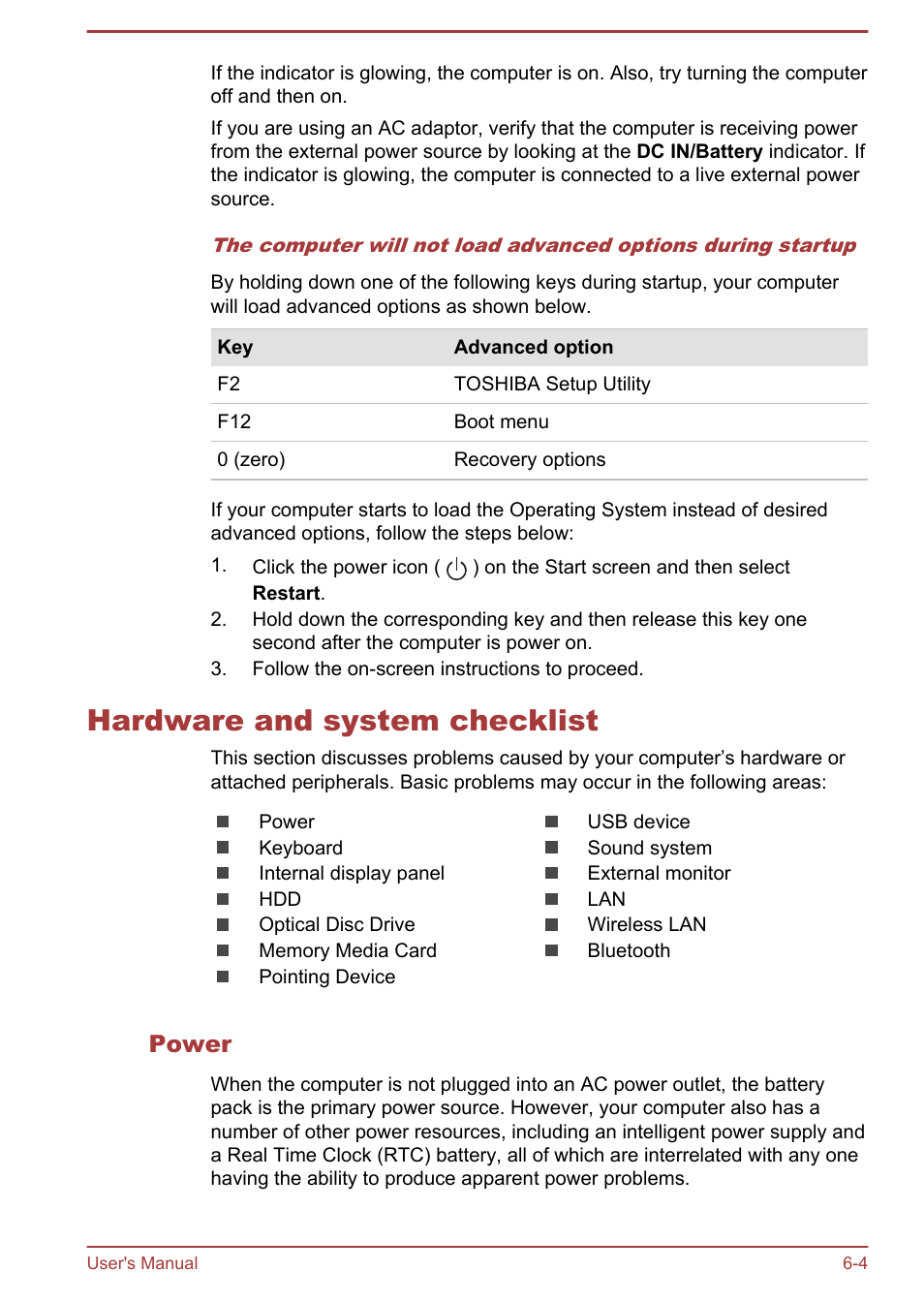 Hardware and system checklist, Power, Hardware and system checklist -4 | Toshiba Satellite Pro R50-B User Manual | Page 92 / 128