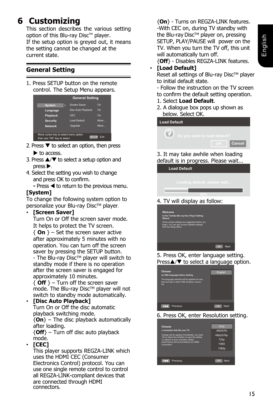 6customizing, 15 english, General setting | Disc, Tv will display as follow, Press ok, enter resolution setting | Toshiba BDX3300 User Manual | Page 15 / 45