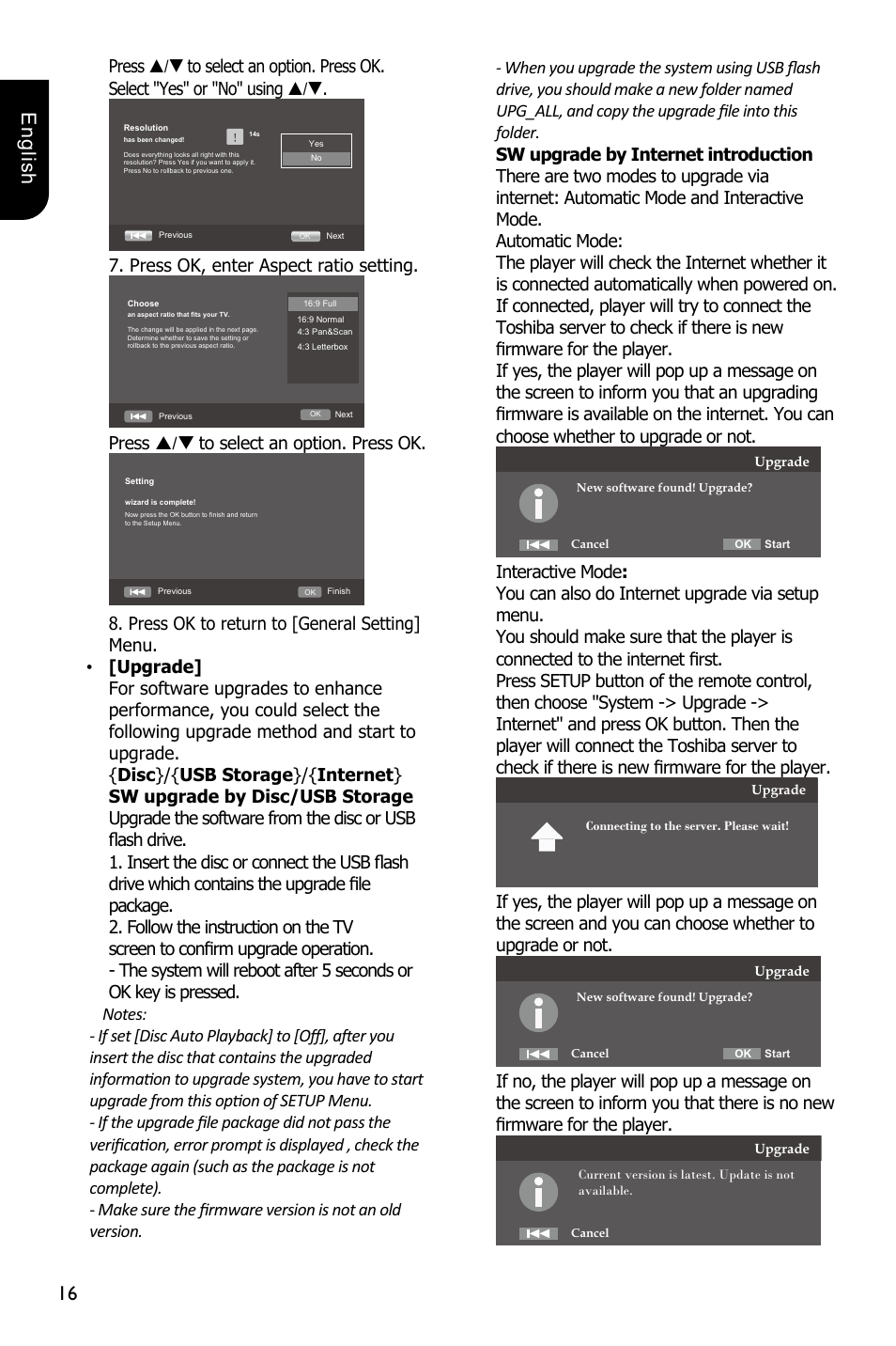 16 english, Press ok, enter aspect ratio setting, Press / to select an option. press ok | Toshiba BDX3300 User Manual | Page 16 / 45
