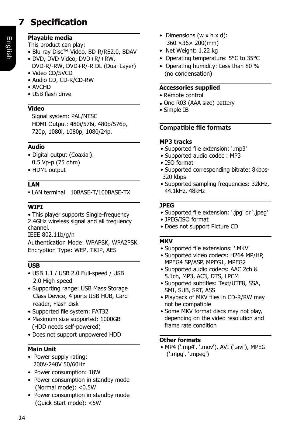 7specification, Compatible file formats | Toshiba BDX3300 User Manual | Page 24 / 45