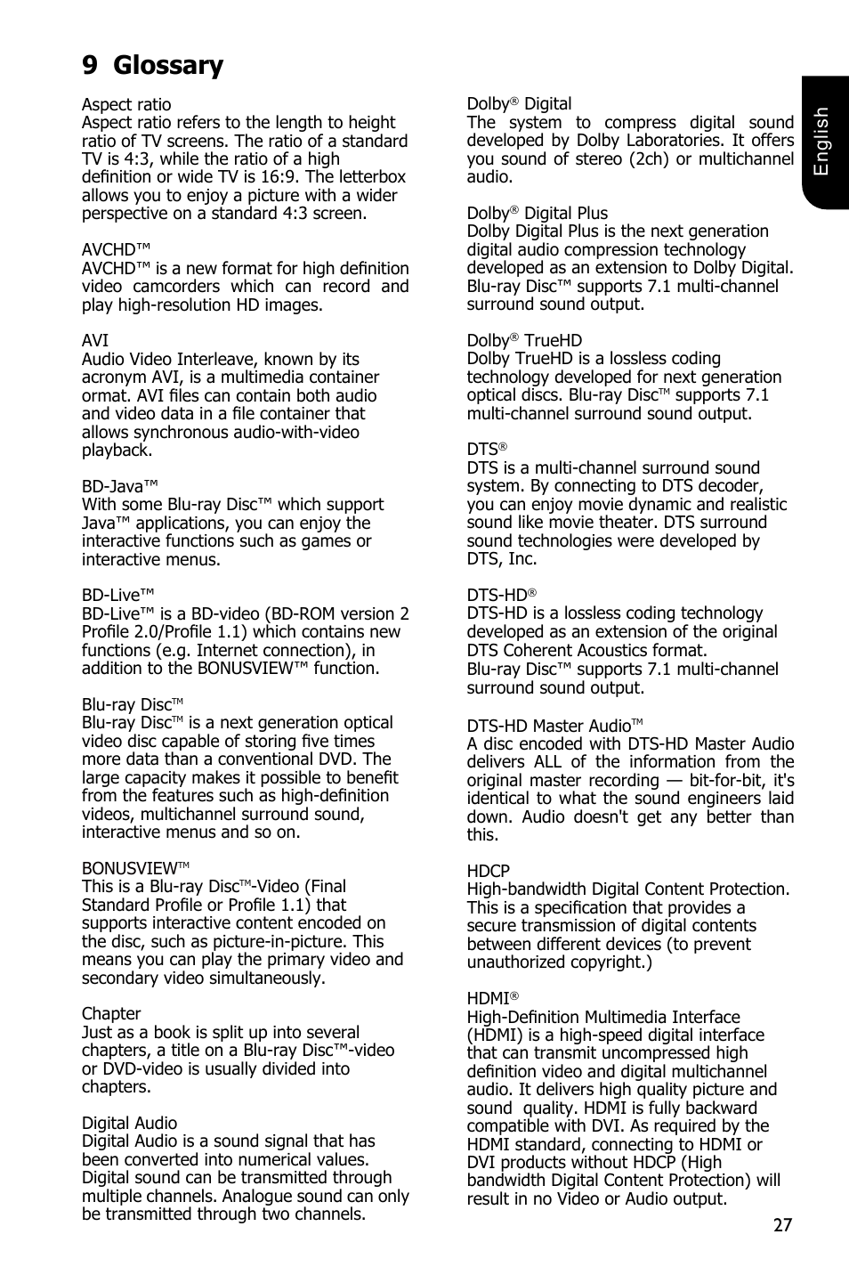 9 glossary | Toshiba BDX3300 User Manual | Page 27 / 45