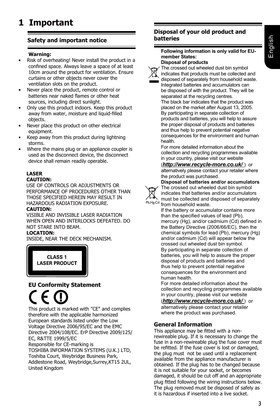 1important, 3english | Toshiba BDX3300 User Manual | Page 3 / 45