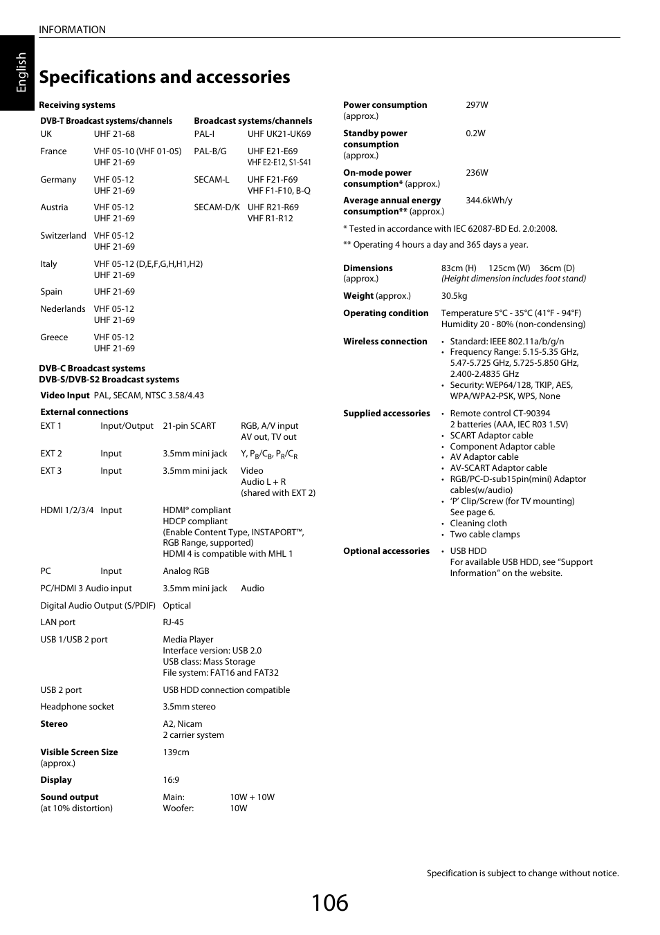 Specifications and accessories, En glis h | Toshiba ZL2 User Manual | Page 106 / 108