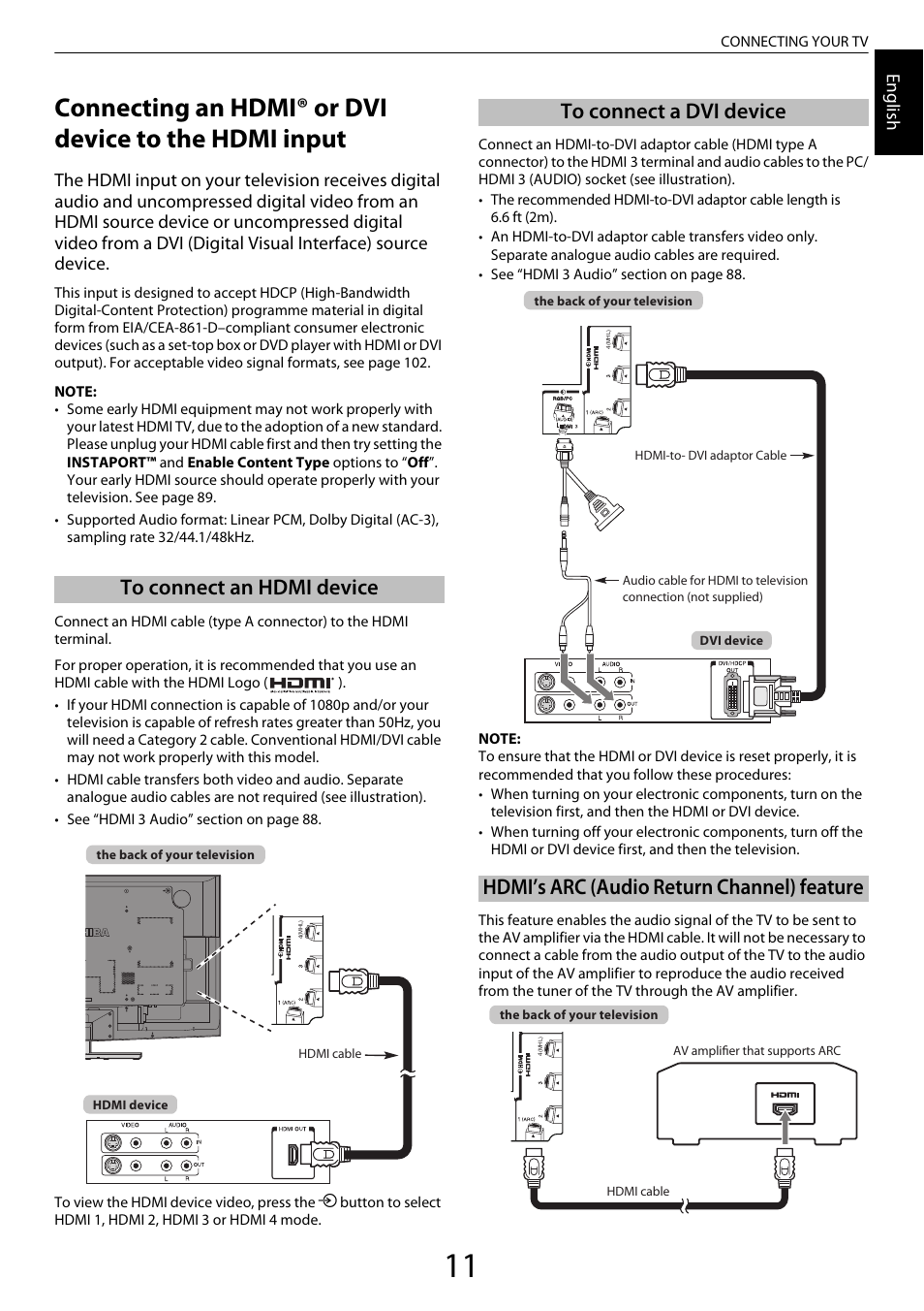 To connect an hdmi device, To connect a dvi device, Hdmi’s arc (audio return channel) feature | Engl ish | Toshiba ZL2 User Manual | Page 11 / 108