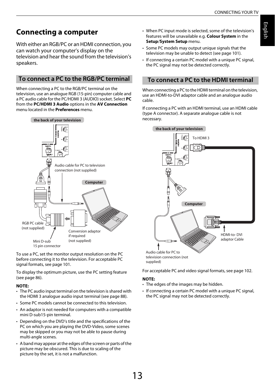 Connecting a computer, To connect a pc to the rgb/pc terminal, To connect a pc to the hdmi terminal | Engl ish | Toshiba ZL2 User Manual | Page 13 / 108