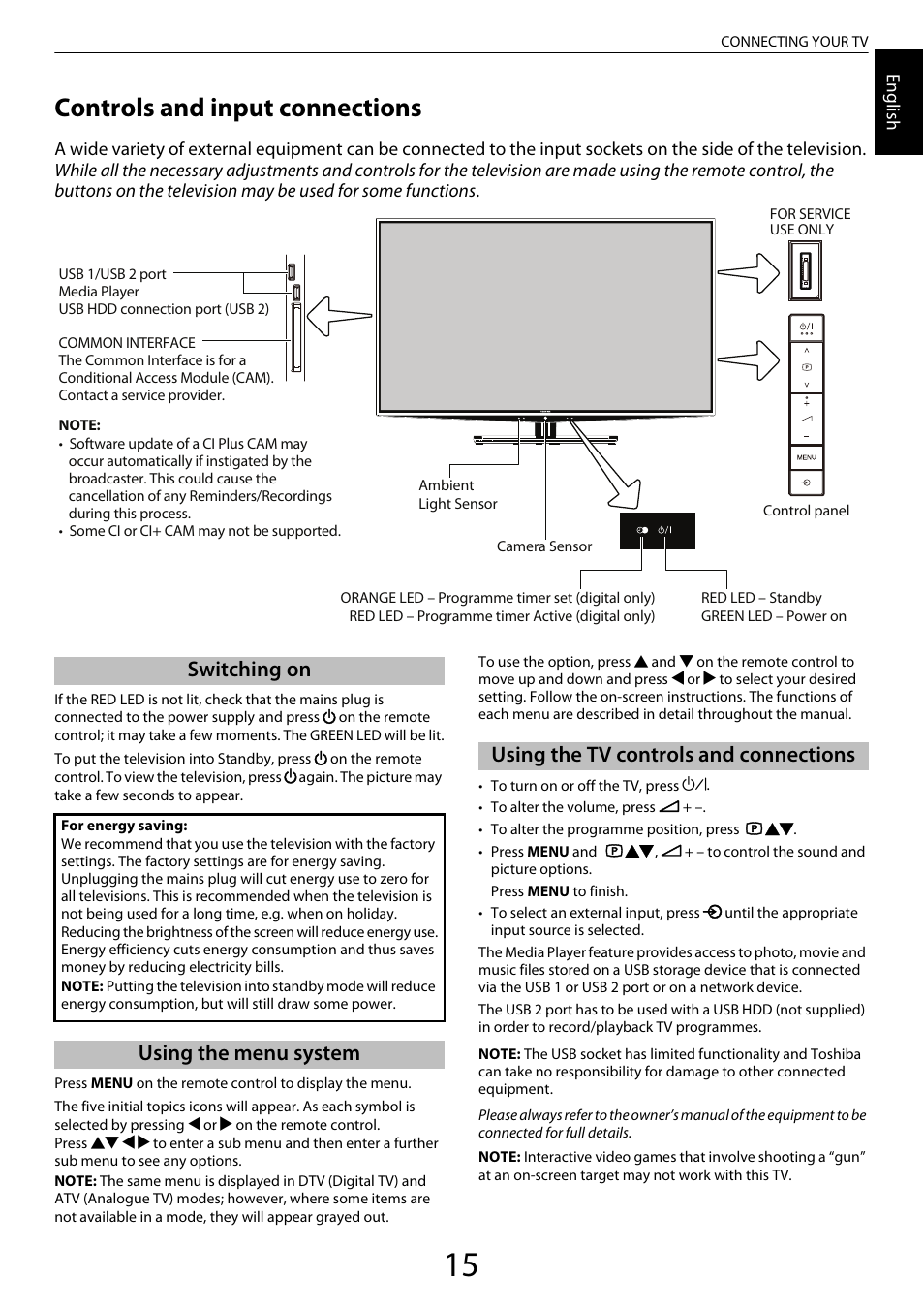 Switching on, Using the menu system, Using the tv controls and connections | Controls and input connections | Toshiba ZL2 User Manual | Page 15 / 108