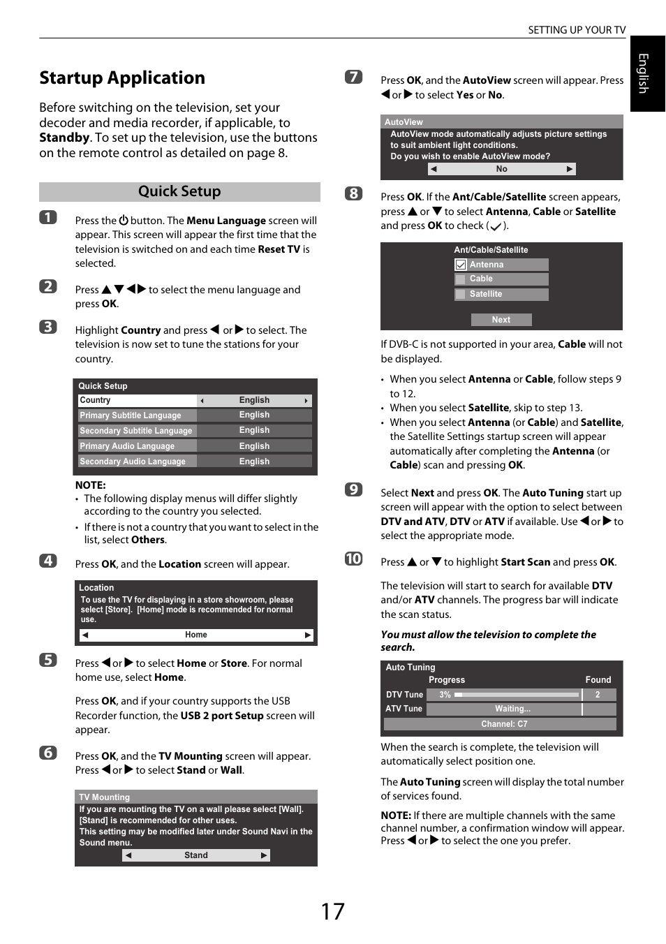 Setting up your tv, Startup application, Quick setup | Toshiba ZL2 User Manual | Page 17 / 108