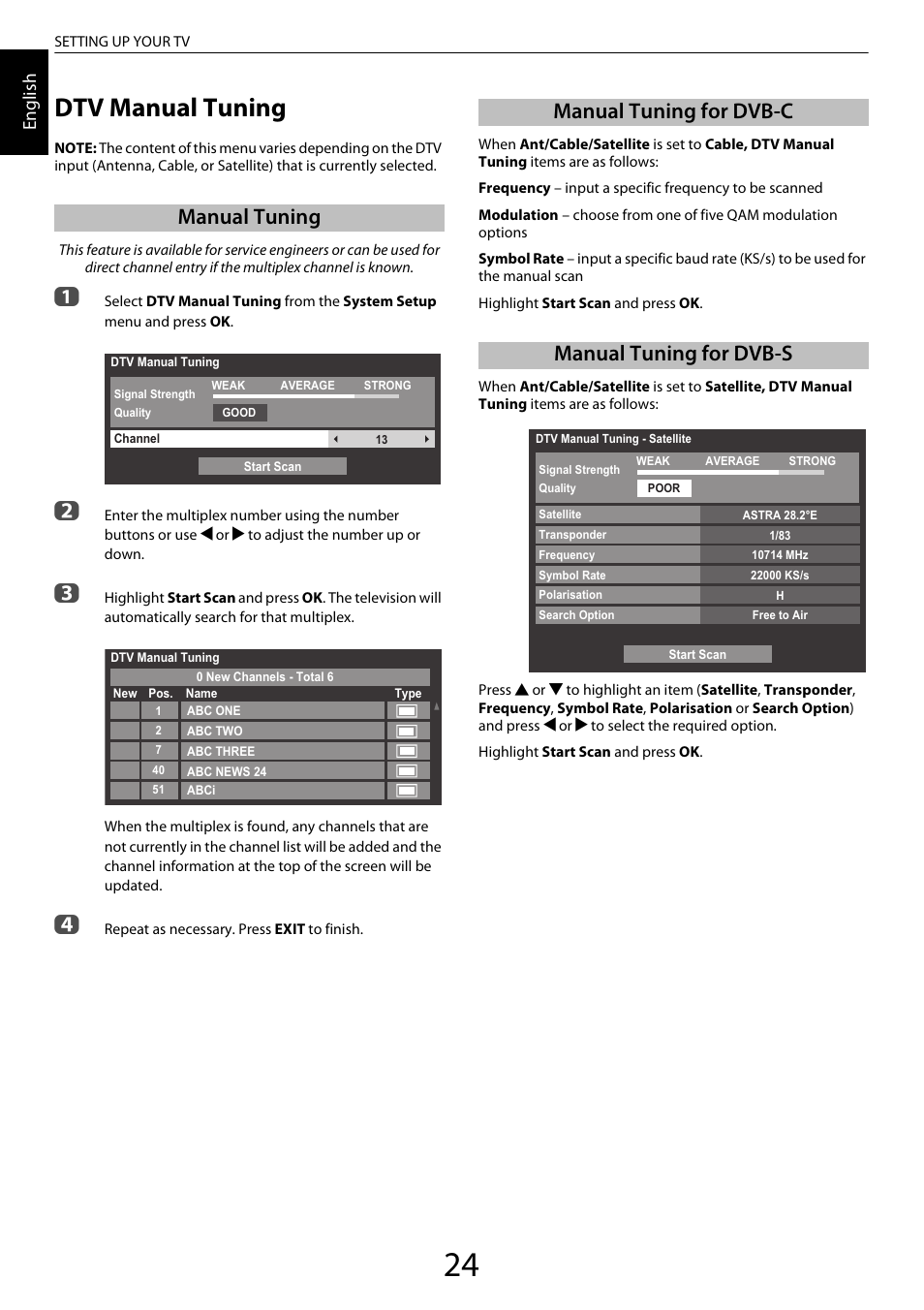 Dtv manual tuning, Manual tuning, Manual tuning for dvb-c | Manual tuning for dvb-s, Manual tuning for dvb-c manual tuning for dvb-s, En glis h | Toshiba ZL2 User Manual | Page 24 / 108