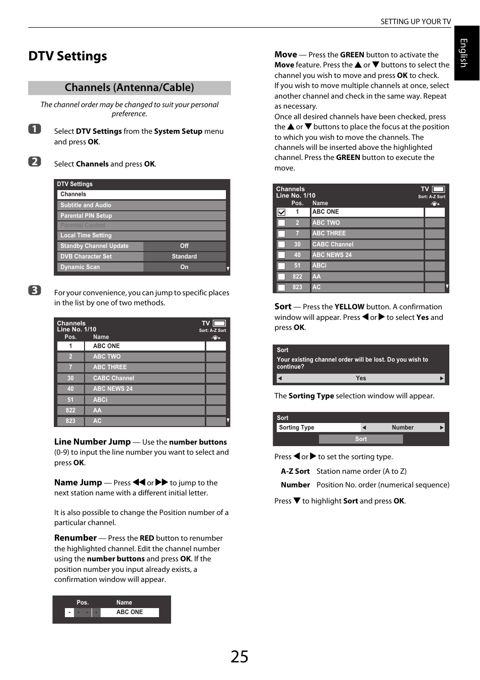 Dtv settings, Channels (antenna/cable), Engl ish | Line number jump, Name jump, Renumber, Move, Sort | Toshiba ZL2 User Manual | Page 25 / 108