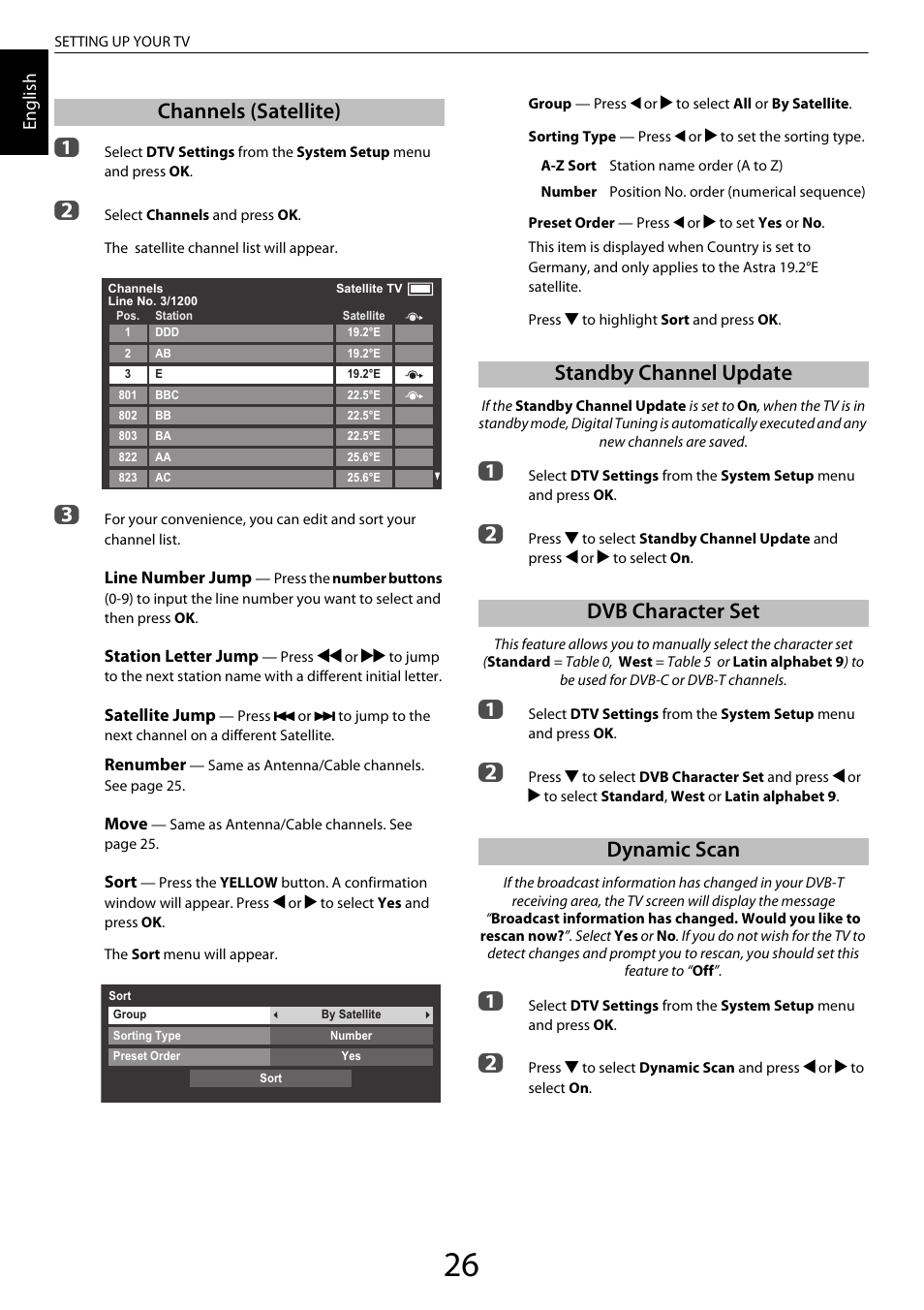 Channels (satellite), Standby channel update, Dvb character set | Dynamic scan | Toshiba ZL2 User Manual | Page 26 / 108