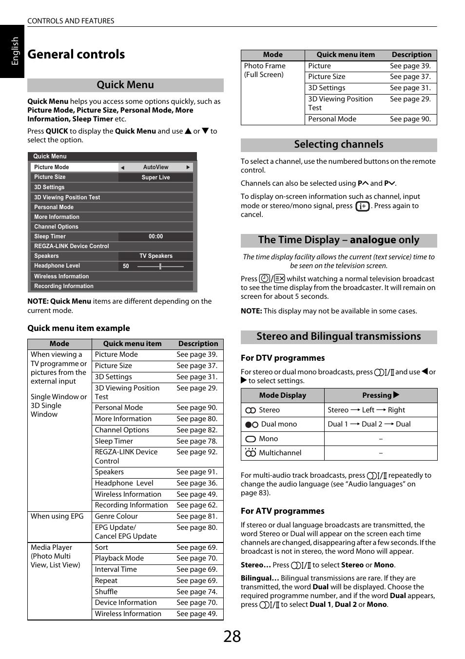 Controls and features, General controls, Quick menu | Selecting channels, The time display – analogue only, Stereo and bilingual transmissions, The time display – ana, En glis h | Toshiba ZL2 User Manual | Page 28 / 108