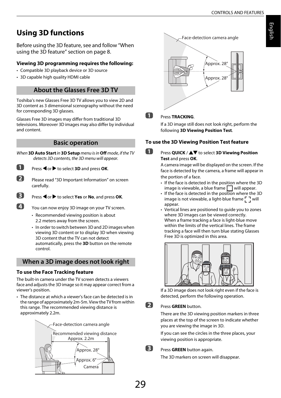 Using 3d functions, About the glasses free 3d tv, Basic operation | When a 3d image does not look right | Toshiba ZL2 User Manual | Page 29 / 108