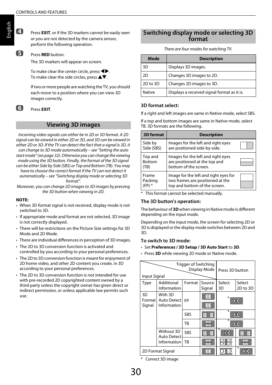 Viewing 3d images, Switching display mode or selecting 3d format, En glis h | Toshiba ZL2 User Manual | Page 30 / 108