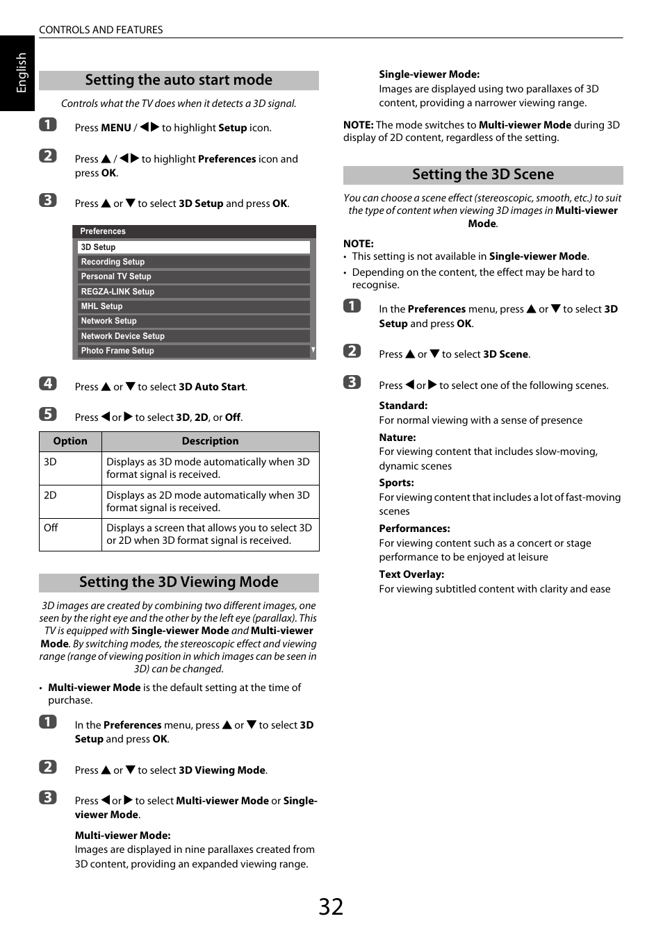 Setting the auto start mode, Setting the 3d viewing mode, Setting the 3d scene | Ee “setting the auto, Start mode | Toshiba ZL2 User Manual | Page 32 / 108