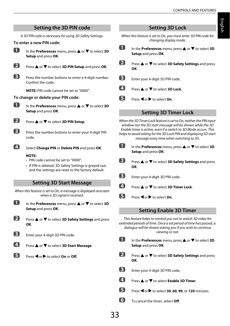 Setting the 3d pin code, Setting 3d start message, Setting 3d lock | Setting 3d timer lock, Setting enable 3d timer | Toshiba ZL2 User Manual | Page 33 / 108