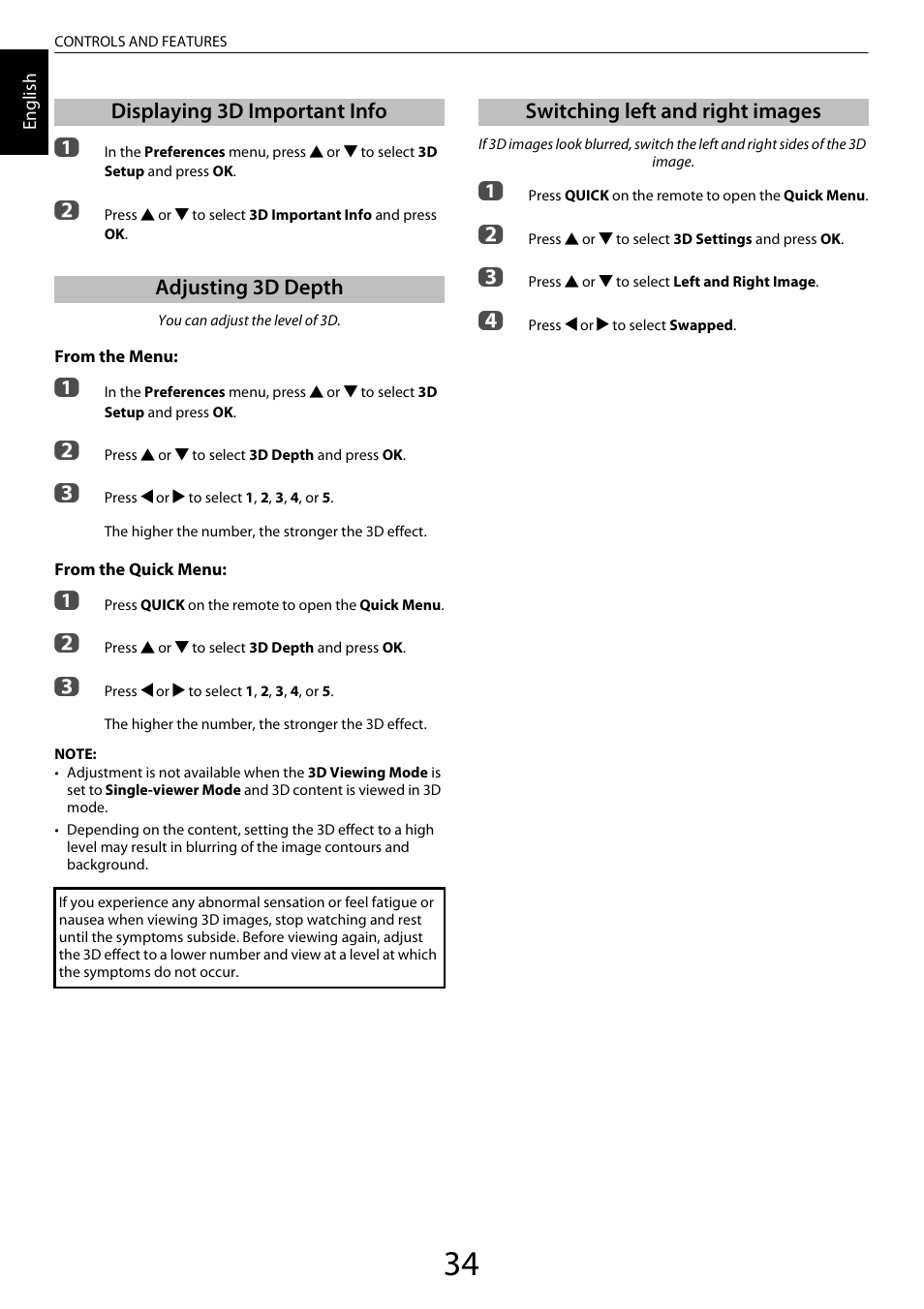 Displaying 3d important info, Adjusting 3d depth, Switching left and right images | Displaying 3d important info adjusting 3d depth | Toshiba ZL2 User Manual | Page 34 / 108