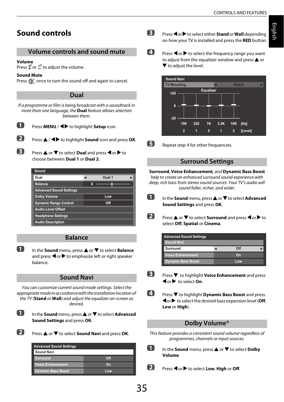 Sound controls, Volume controls and sound mute, Dual | Balance, Sound navi, Surround settings, Dolby volume, Surround settings dolby volume | Toshiba ZL2 User Manual | Page 35 / 108