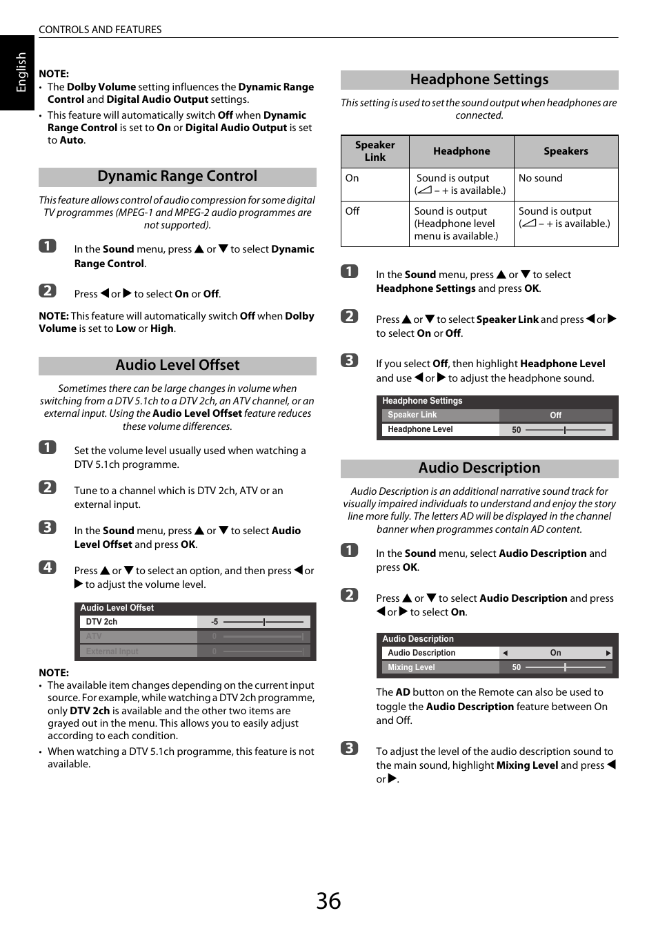 Dynamic range control, Audio level offset, Headphone settings | Audio description, Dynamic range control audio level offset | Toshiba ZL2 User Manual | Page 36 / 108