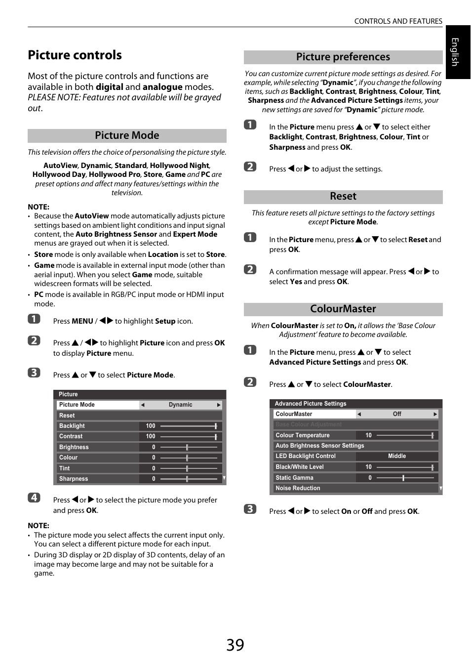 Picture controls, Picture mode, Picture preferences | Reset, Colourmaster, Picture preferences reset colourmaster | Toshiba ZL2 User Manual | Page 39 / 108