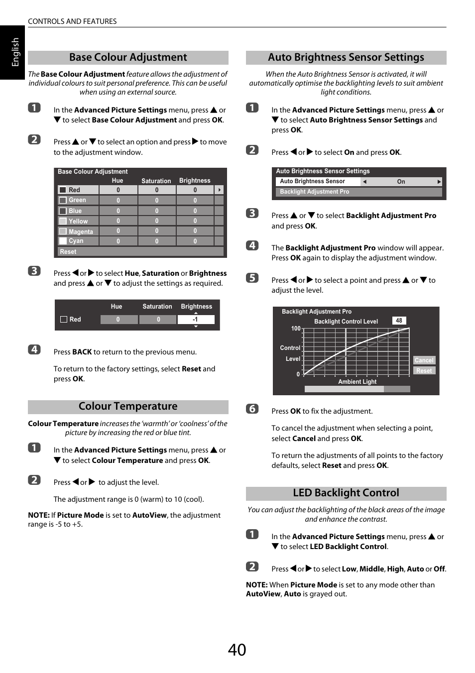 Base colour adjustment, Colour temperature, Auto brightness sensor settings | Led backlight control, Base colour adjustment colour temperature | Toshiba ZL2 User Manual | Page 40 / 108