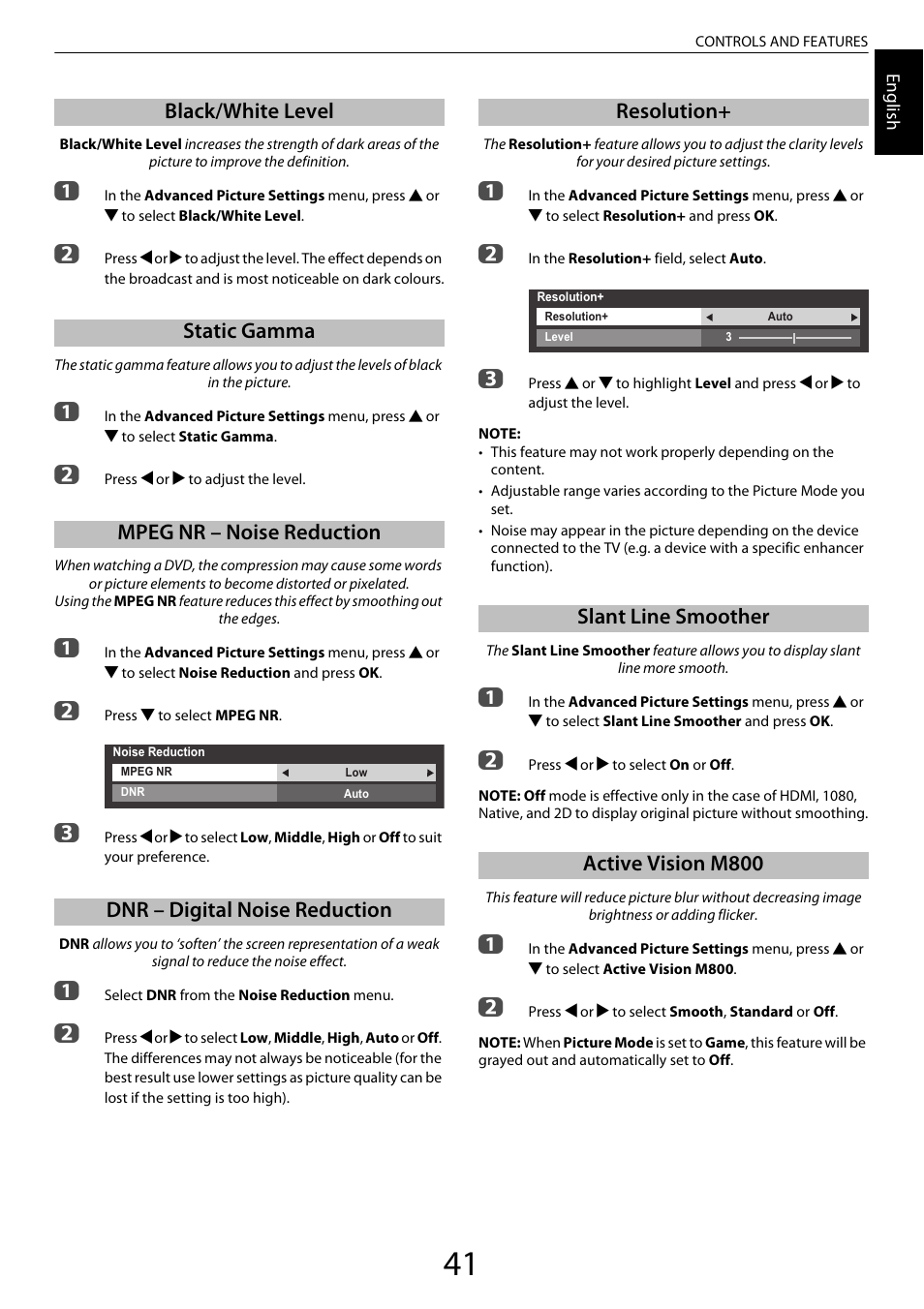 Black/white level, Static gamma, Mpeg nr – noise reduction | Dnr – digital noise reduction, Resolution, Slant line smoother, Active vision m800, Resolution+ slant line smoother active vision m800 | Toshiba ZL2 User Manual | Page 41 / 108